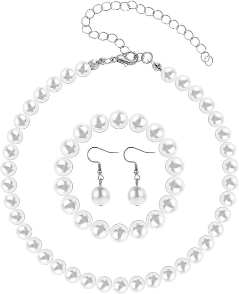 Faux Pearl Jewelry Set Simulated Pearl Necklace Bracelet Earrings for Women Birthday Christmas Gift...