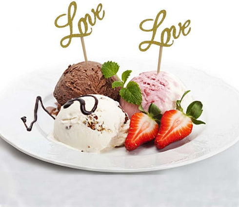LOVE Cupcake Toppers, Glitter Dessert Food Cake Picks for Baby Shower Wedding Engagement Bridal Birthday Party Supplies (20PCS Golden)...