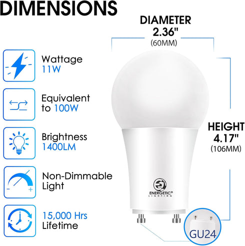Energetic LED GU24 Light Bulb, A19 Shape 100 Watt Equivalent (11W), 5000K Daylight, 1400 Lumens High Output, Non-Dimmable, 2 Pin LED Light Bulb, E...