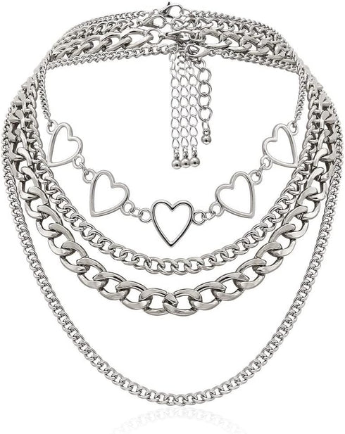 Simple Heart Necklace Lolita Choker Chain Layered Cuban Chunky Silver Chain Necklace for Women Men Chic y2k Clothes Jewelry...