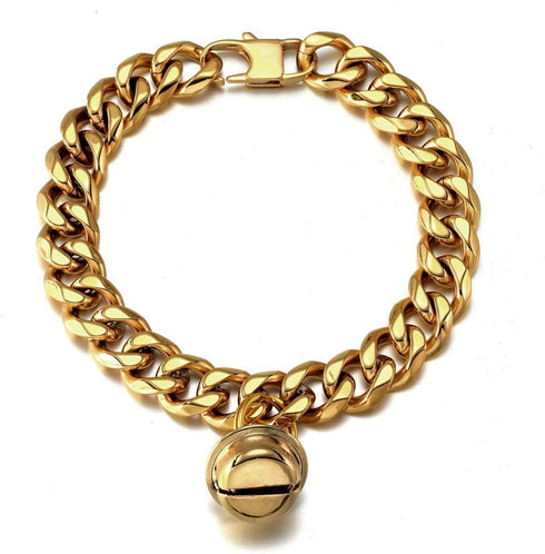 18K Gold Cat Dog Collar Kitten Puppy 1/2inch 12mm Wide Stainless Steel Kitten Choker Curb Chew Proof Cuban Link Chain with Bell (Neck Fit 6"-8") (...