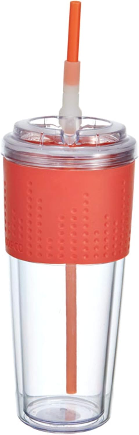 Copco Lock-n-Roll Double Wall Tritian Spill-Proof Tumbler with Soft Grip Sleeve and Patented Flip Up Straw, 20-Ounce, Coral...