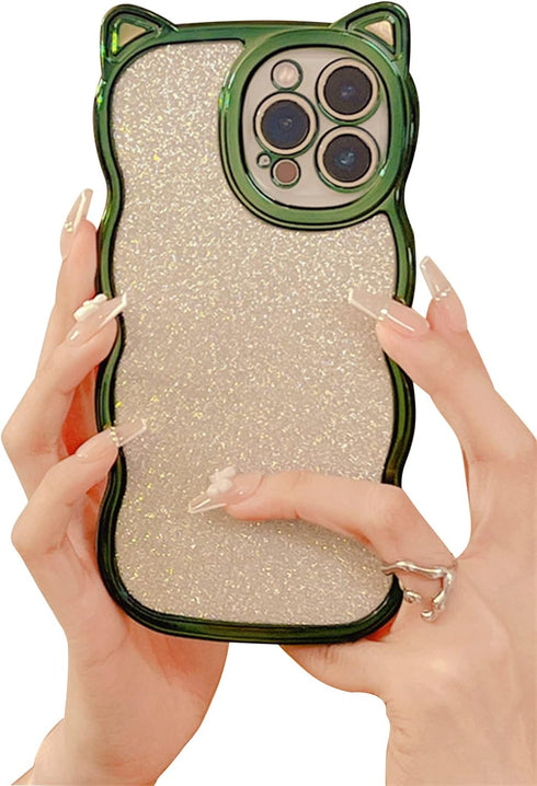 Compatible with iPhone 11 Case for Women/Girls, Cute Cat Ears Luxury Plating Glitter Bling Back Curly Wave Anti-Scratch Shockproof Case for iPhone...
