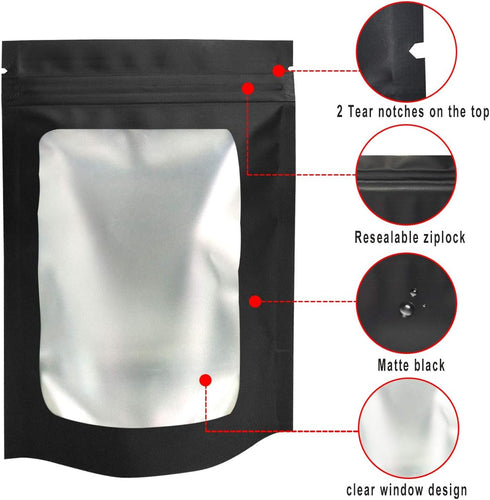 100 Pack Stand-Up Mylar Bags - 3.1 x 5.1 Inch Resealable Smell Proof Bags with Clear Window Foil Pouch Bags Flat Bag Matte Black...