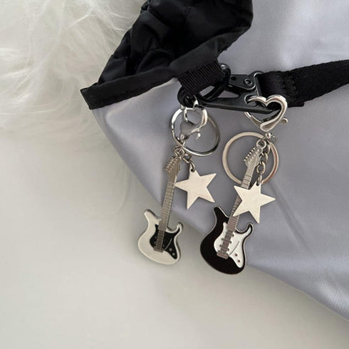 Guitar Keychain, Metal Bass Guitar Pendant Key Chain with Mini Pentagram and Heart, Fashionable Unisex Guitar Star Keychain, Y2K Unique Keychain f...