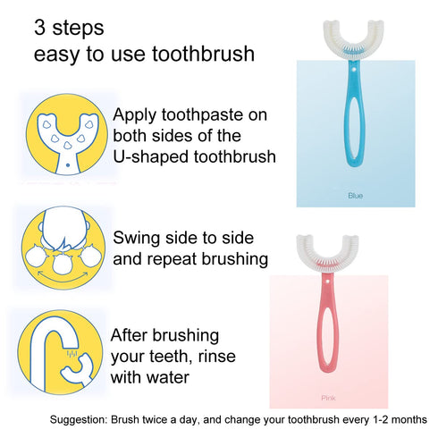 2 PCS U-Shaped Kids Toothbrush, Soft Manual Training Toothbrush for Kids 6-12 Years (Pink +Blue)...