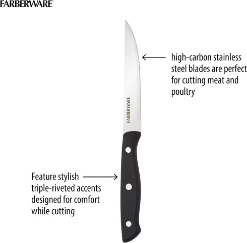 Farberware Triple Riveted Steak Knife Set, 6-Piece, High-Carbon Stainless Steel Knife Set, Razor-Sharp Steak Knife Set with Fine Edge Blades, Blac...