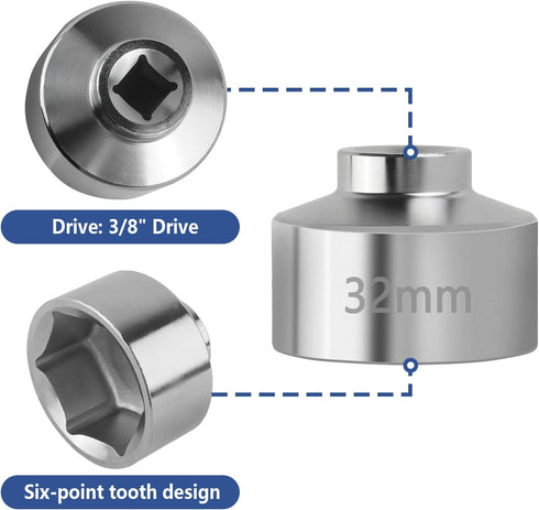 32mm Socket-Oil Filter Wrench Tool,6-Point Steel Quickly Oil Filter Removal Tool,3/8" Drive Oil Filter Socket Tool Compatible with Audi,Ford,Chevr...