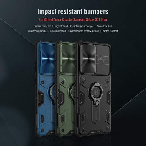 Galaxy S21 Ultra Case with Ring Kickstand,CamShield Armor with Slide Metal Camera Cover, PC & TPU Impact-Resistant Bumpers Protective for Samsung ...