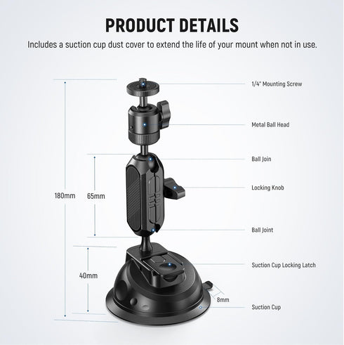 Neewer Suction Cup Mount for iPhone GoPro Action Camera with Magic Arm & 360° Pan 90° Tilt Ball Head, Quick Buckle Lock Outside Windshield Car Mou...