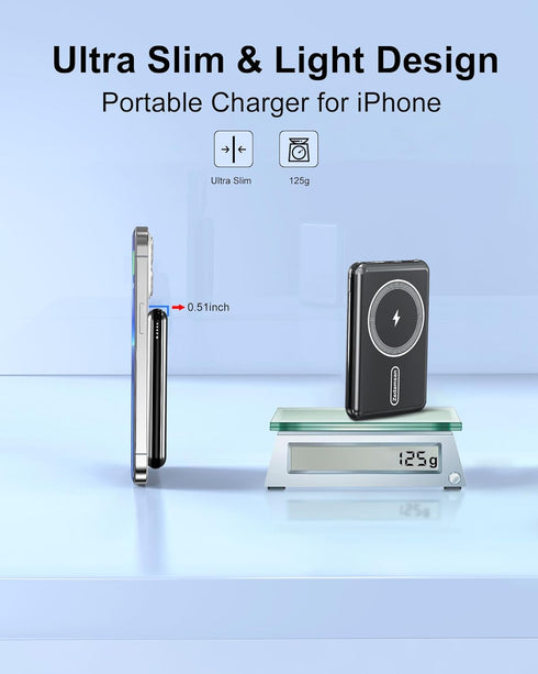 Wireless Protable Charger for iPhone, 5000 mAh Magnetic Mini Battery Pack, 15W PD Fast Charging Mag-Safe Power Bank for iPhone 15/14/13/12/Mini/Pr...