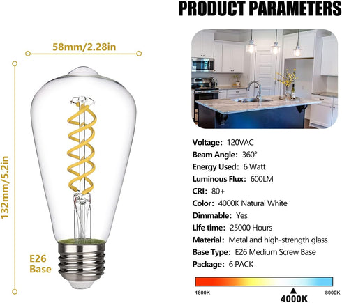 ST58 (ST19) Vintage Edison LED Bulb, Daylight White 4000K, Antique Flexible Spiral LED Filament Light Bulb, 600LM Dimmable, 6W Equivalent to 60W, ...