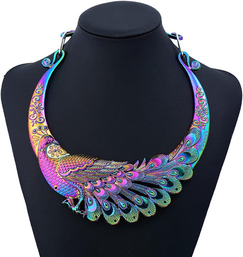 Vintage Ethnic Carved Peacock Necklace Chunky Collar Choker Jewelry Necklace for Women...