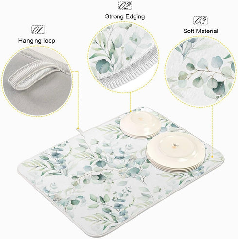 Green Leaves Dish Drying Mat for Kitchen Counter Herb Plant White Drying Mats Super Absorbent Reversible Microfiber Kitchen Countertop Protector D...