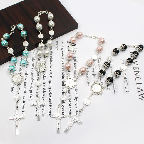4 Pcs Rosary Beads Catholic, FineGood Cross Car Mirror Hanging Accessories Blessing Auto Rear View Mirror Pendant Car Decor Interior...