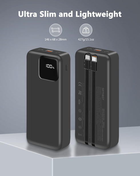 Portable Charger, 20000mAh Power Bank with 2 Built-in Cables, 22.5W Fast Charging with Screen, Travel Battery Pack for i Phone, i Pad, Samsung, Go...