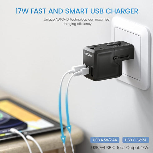 LENCENT International Travel Power Adapter,Mini All-in-One Charger, 2.4A USB, 3.0A Type-C Wall Charger, European Plug Adaptor, Universal Outlet Co...