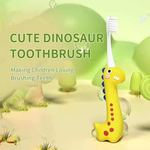 Dinosaur Kids Toothbrush, 0.12mm Soft Filament Toddler Toothbrush for Kids 6-12 Make Brushing Fun and Protect Kids Delicate Teeth (Yellow+Green+Or...