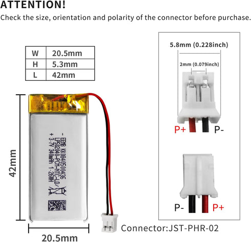 EEMB Lithium Polymer Battery 3.7V 340mAh 502040 Lipo Rechargeable Battery Pack with Wire JST Connector for Speaker and Wireless Device- Confirm De...