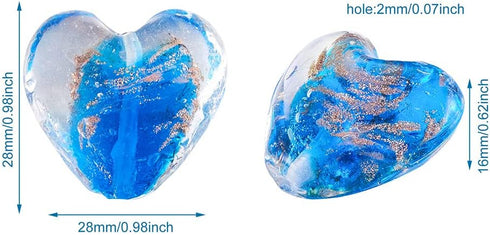 Cheriswelry 10pcs Blue Heart Handmade Goldsans Lampwork Glass Beads Crystal Love Heart Mini Loose Spacer Beads Charms 28x28mm 2mm Hole for DIY Ear...