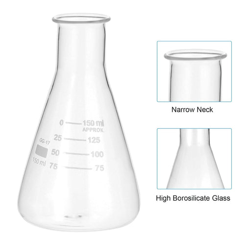 PATIKIL Erlenmeyer Flask, 150ml 5.1oz Narrow Mouth Graduated Flasks Borosilicate Glass with Printed Graduation for Lab Experiment Chemistry Scienc...