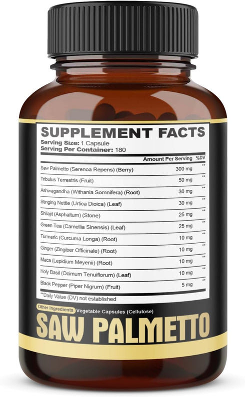 11in1 Saw Palmetto Capsules with Ashwagandha, Turmeric, Tribulus, Maca, Green Tea, Ginger, Holy Basil & More - Healthy Prostate & Hair Support - 1...