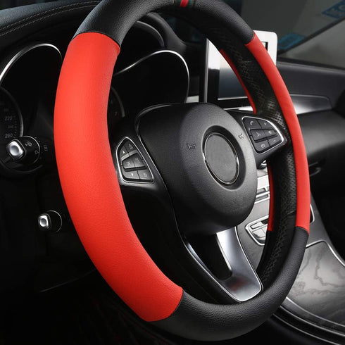Black Panther Premium Textured Leather Auto Car Steering Wheel Cover, Anti-Slip and Comfortable Grip, 15 inch Universal - Black + Red...