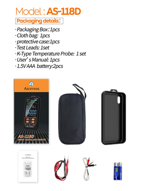 AS-118D Smart Digital Multimeter Auto-Ranging Voltmeter Electrical Tester Measures Voltage Current Capacitance Resistance Continuity Duty-Cycle Te...
