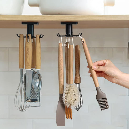 2pcs Under Cabinet Kitchen Utensil Hooks,360° Rotating Drilling Free Adhesive Utensils Hanging Rack for Tools/Towel/Knife (Black)...