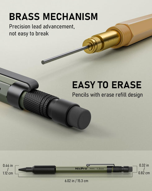 Nicpro 3 PCS 1.3 mm Mechanical Pencil Set 3 Colors with 36 Lead Refill, 3 Eraser - Weatherproof Metal MP2000 Heavy Duty Carpenter Pencil for Outdo...