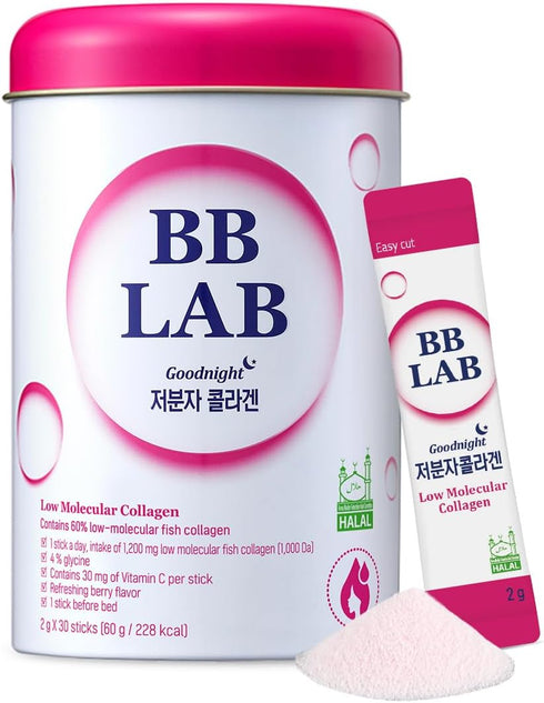 BB LAB Good Night Low Molecular Collagen Powder Stick Supplement, Halal Certified, Korean Marine Collagen, Fish Collagen Peptides, Vitamin C, Glyc...