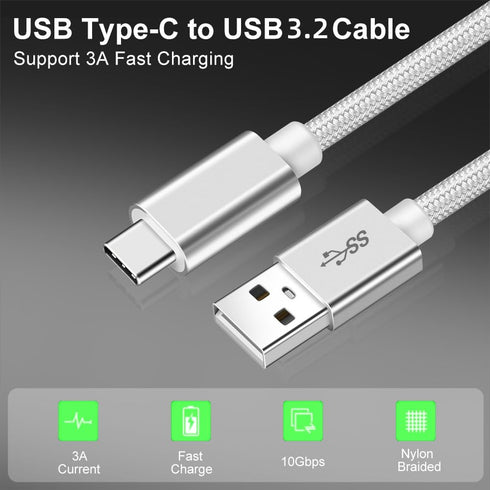 Vortex PD10GB3A-2-2-SILVER Type-C Data Cable 3A Fast Charging USB3.2 Universal Mobile Phone Tablet Nylon Braid USB Charging Cable (2 pcs Pack)(Sil...