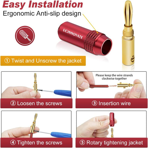 UCINNOVATE Banana Plugs, 8PCS Banana Plugs for Speaker Wire Connectors, Gold Plated 4mm Banana Connectors for Speaker Cables Terminals, Wall Socke...