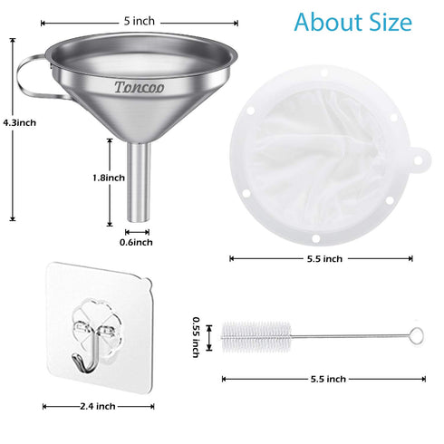 5-Inch Premium Stainless Steel Funnel with 200 Mesh Food Strainer, Kitchen Funnel for Bottles...