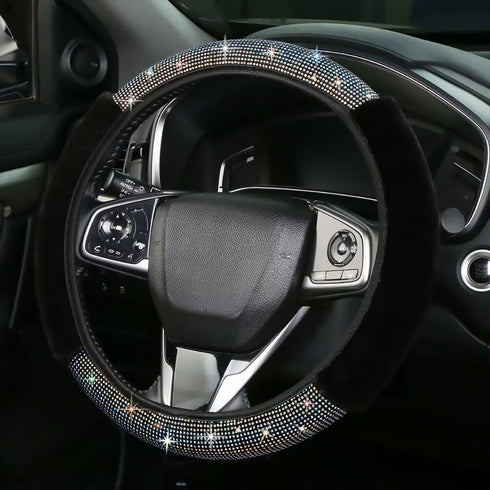 Bling Fluffy Steering Wheel Cover for Women Girls, Rhinestone Diamond Sparkling Fur Steering Wheel Protector Elastic Steering Wheel Covers Winter ...