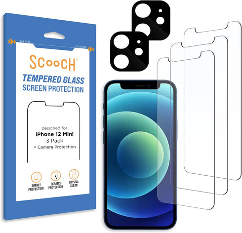Scooch (5-in-1 iPhone 12 Mini Screen Protector (3-Pack) with Camera Lens Protector (2-Pack) Premium 9H Tempered Glass, Anti-Scratch, Anti-Fingerpr...