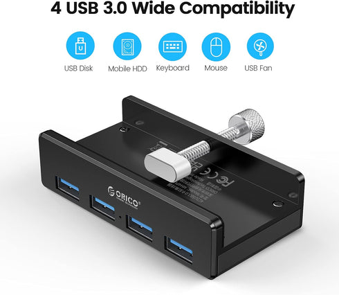 ORICO USB 3.0 Hub, USB Hub Clamp, Aluminum 4-Port USB Splitter with Extra Power Supply Port and 4.92 FT USB Data Cable, Desktop Powered USB Hub fo...