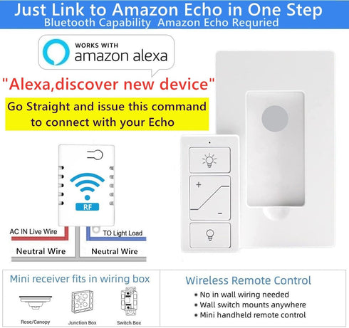 Smart Wireless Light Switch, Dimmer Switch & Receiver Kit No Wiring Wireless Remote Control Switch,Remote & Voice Control,Bluetooth Work with Amaz...