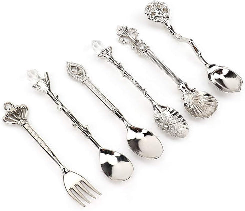 Fdit 6Pcs/Set Vintage Carved Coffee Spoon Teaspoon Retro Zinc Alloy Dessert Coffee Tableware Spoons Cutlery Kitchen(Silver)...