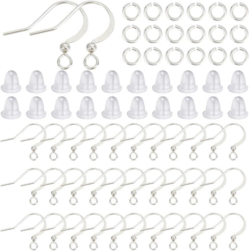 SUNNYCLUE 1 Box 300Pcs Silver Earring Hooks French Hook Earring Wires & 300Pcs Jump Rings & 300Pcs Ear Backs Brass Earwires Fish Hook Earring Find...