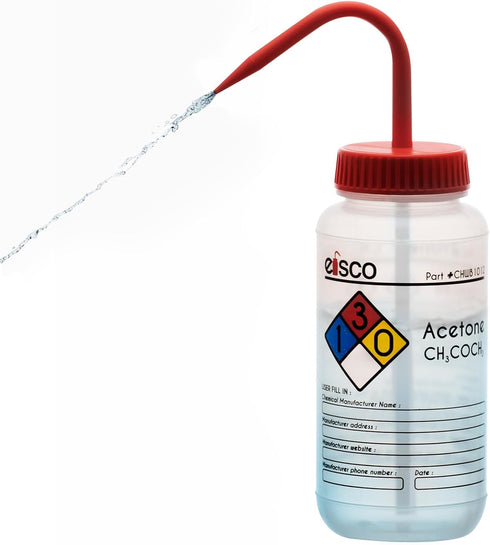 EISCO 2PK Wash Bottle for Acetone, 500ml - Labeled with Color Coded Chemical & Safety Information (4 Colors) - Wide Mouth, Self Venting, Low Densi...