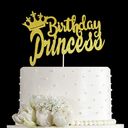 Happy Birthday Cake Topper for Princess Birthday Party Decorations,Double-faced Gold Glitter...