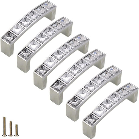 6Pcs U Shape Crystal Glass Drawer Pulls Knobs Handles,Modern Decorated Shiny Cabinet Konbs Zinc Alloy Pulls, for Cupboard Wardrobe Dresser Doors (...