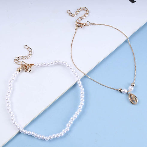 Boho Layered Pearl Ankle Bracelet Gold Shell Anklet Bracelet Vintage Cowrie Anklets Chain Summer Beach Foot Chain Jewelry for Women and Girls 2Pcs...
