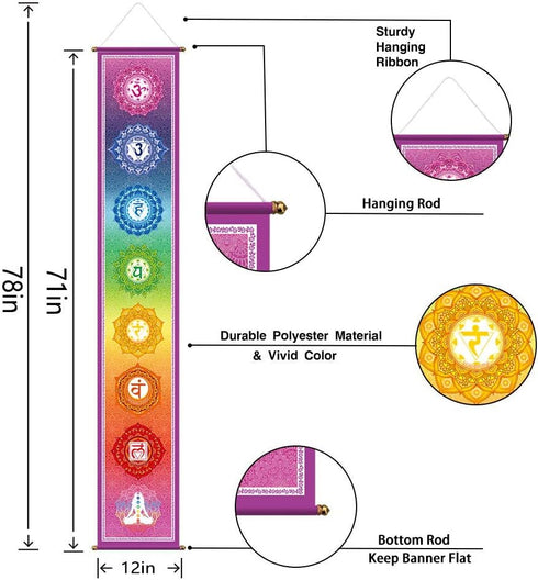 Funnytree 12"x71" Large Yoga Tapestry Meditation Studio Room 7 Chakra Mandala Hanging Banner Wall Poster Door Decor Porch Sign Indoor Outdoor Dura...