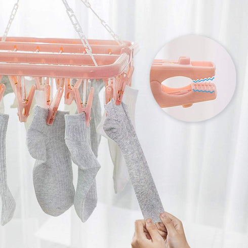 SteelFever Clothes Drying Hanger with 32 Clips, Foldable Hanging Drying Rack for Clothes Underwear Socks (Light Pink)...