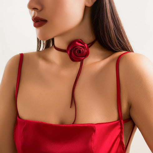Vintage Rose Flower Long Wrap Necklace Suede Rope Tassel Tie Necklace Handmade Satin Flower Elegant Jewelry for Women and Girls...
