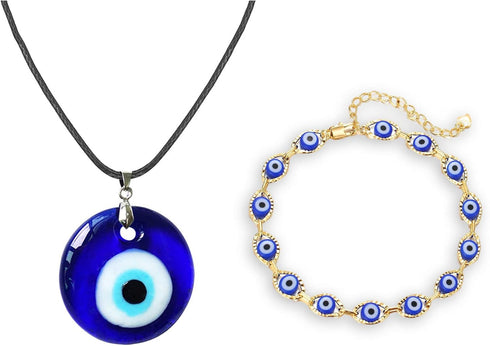 Harry and Henry 2 Pcs Evil Eye Necklace Bracelet Set Blue Glass Turkish Necklace for Women Evil Eye Chain Bracelet Jewelry...