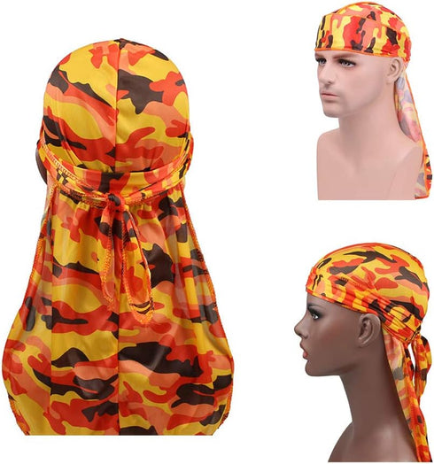 Military Camouflage Premium Silky Durags with Long Tail Colorful 360 Waves Doo rag for Men Du rag Cap (3/4 Packed)...