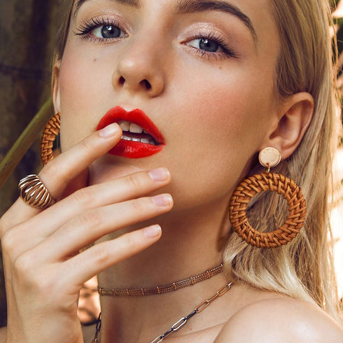 4 Pairs Handmade Raffia Rattan Bohemian Round Drop Dangle Earrings for Women, Boho Statement Cute Fun Hoop Earrings Set...